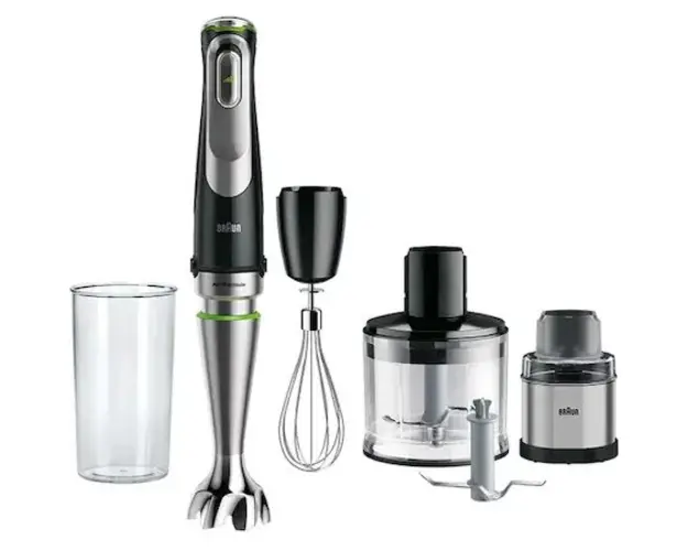 Mixer vertical Braun MQ9187XLI, 1200 W, Pahar gradat 0.6 l, Tocator 0.5l, Procesor alimente 2l, Accesoriu piure, Tel, viteza variabila, Negru