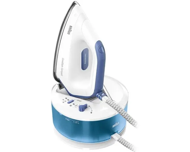 Statie de calcat Braun CareStyle Compact IS2143BL, 2400W, 6 bari, abur variabil 125g/min, jet de abur 420g/min, rezervor 1.5L, talpa EloxalPlus, Alb/Albastru