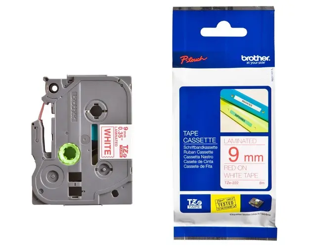 Banda de etichete Brother TZE222, 9MM, rosu pe alb