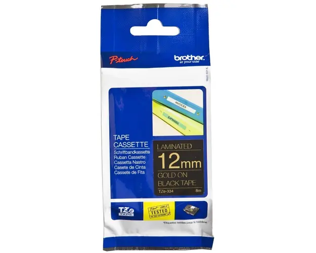 Banda de etichete TZE334, 12MM, auriu pe negru