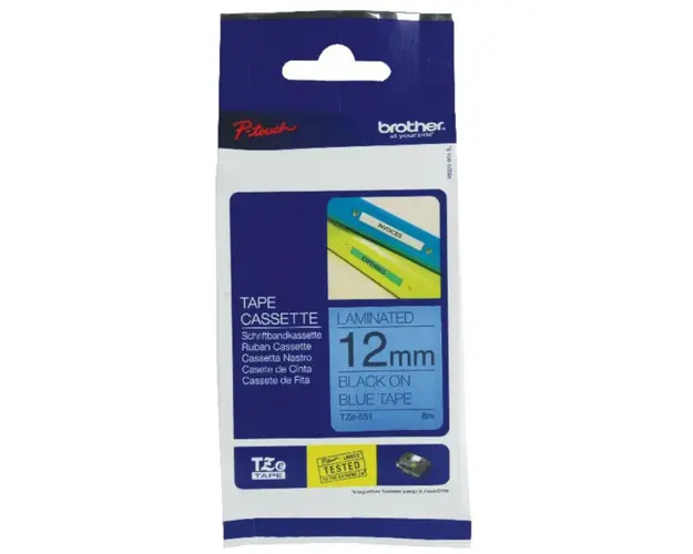 Banda de etichete TZE531, 12MM, negru pe albastru