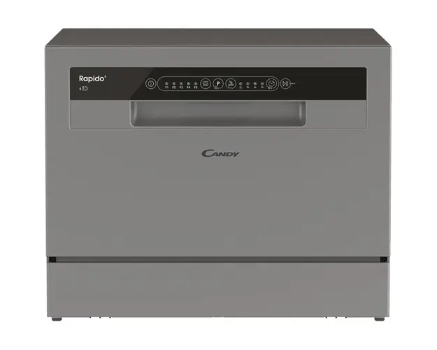 Masina de spalat vase compacta Candy Rapido CP 6E51LS, 6 seturi, 5 programe, Clasa E, Pornire intarziata, Program scurt 35&#039;, 55 cm, Argintiu