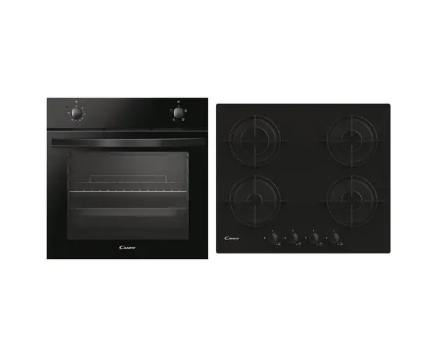 Pachet cuptor electric incorporabil + plita pe gaz incorporabila, Candy PCI30BCVW6BB, clasa A, 70 litri, 4 functii, 4 arzatoare, aprindere electrica, negru