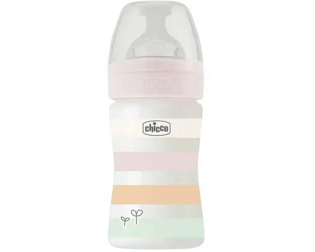 Biberon Chicco Wellbeing, 150ml, PP, tetina silicon, flux lent, alb, 0luni+