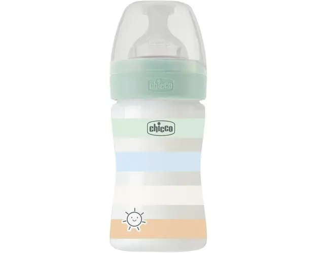 Biberon Chicco Wellbeing, 150ml, PP, tetina silicon, flux lent, verde, 0luni+