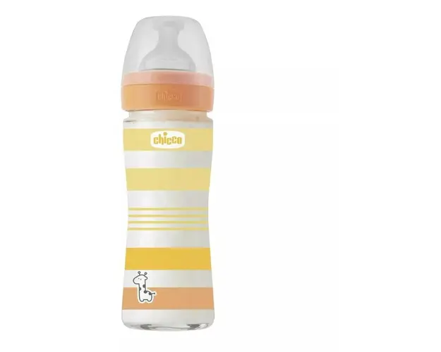 Biberon din sticla Chicco Wellbeing, 240ml, tetina silicon, flux lent, unisex, 0luni+