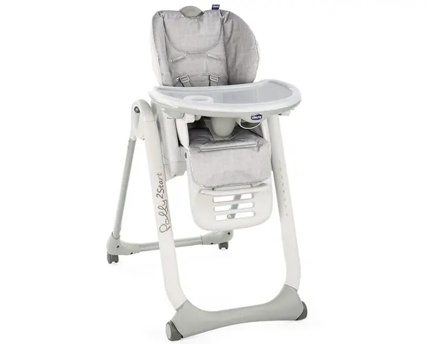 Scaun de masa pentru bebelusi Chicco Polly 2 Start, cu 4 roti, HAPPY SILVER 0 luni+