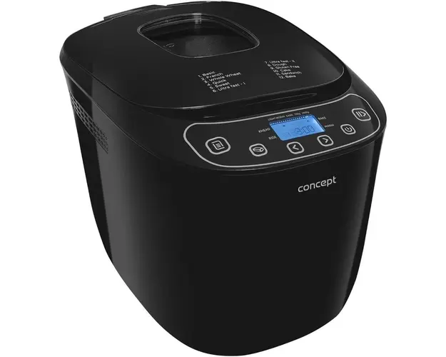 Masina de paine Concept PC5510, putere 550 W, 700/1000 grame, 12 programe presetate, display LCD, start intarziat, functie Keep Warm, protectie la supraincalzire, Negru