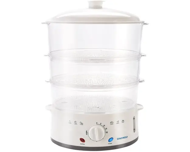 Aparat de gatit cu aburi Daewoo DFS900W, 900 W, 3 cosuri, 8.5 l, timer 60 min, design ergonomic, alb