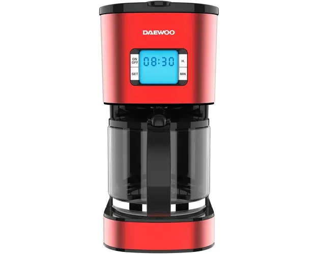 Cafetiera Daewoo DCM1000R, 1000 W, 1.5 l, Filtru permanent, Timer 24 ore, Indicator nivel apa, Design ergonomic, Rosu/Negru