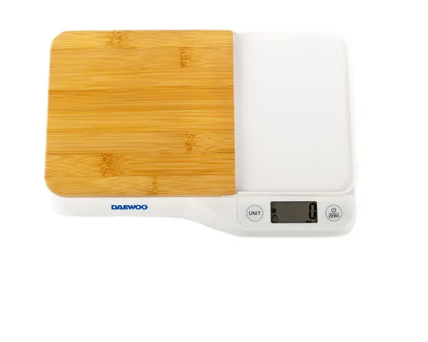 Cantar de bucatarie cu tocator Daewoo DKS10W, 5 kg, 1 g, tocator din bambus, LCD, Alb