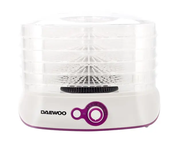 Deshidrator de alimente Daewoo DD450W, 500 W, 5 tavi, 35-70C, Ventilator integrat, Alb/Violet