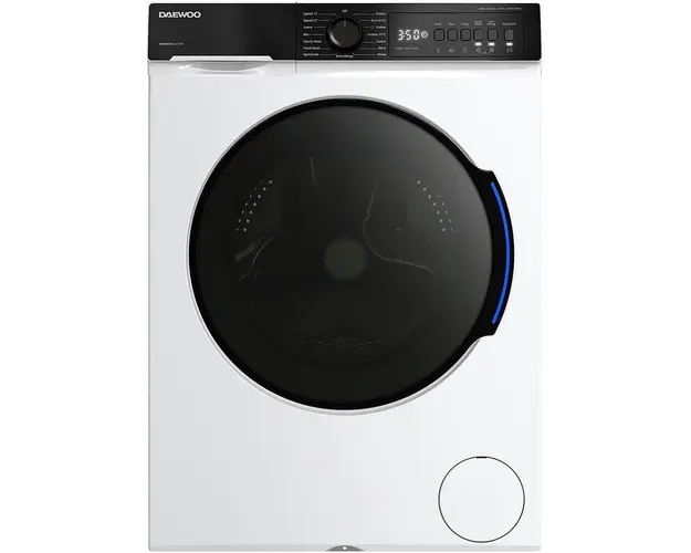 Masina de spalat rufe DWD-CV8021 Daewoo, 8 kg, motor inverter, 1400 rpm, clasa A, design: Panou negru + usa dubla neagra (PC Cover), culoare Alb