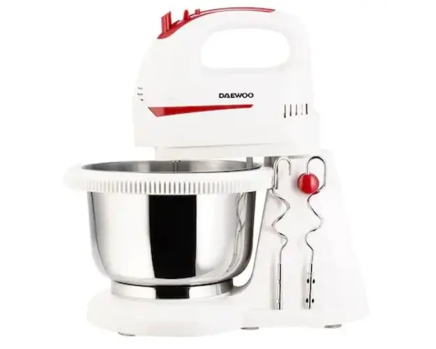 Mixer cu bol Daewoo DHM100W, 300 W, bol inox rotativ, capacitate bol 2 l, functie Turbo, 5 viteze, accesoriu framantare, palete amestecare, Alb