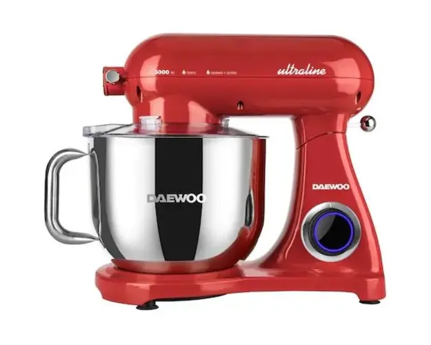 Mixer cu bol Daewoo DHM300R, 3000 W, 6 trepte de viteza + functia Pulse, capacitate bol inox 6 l, corp complet aluminiu, accesorii incluse:tel, carlig framantare, palete amestecare, Rosu