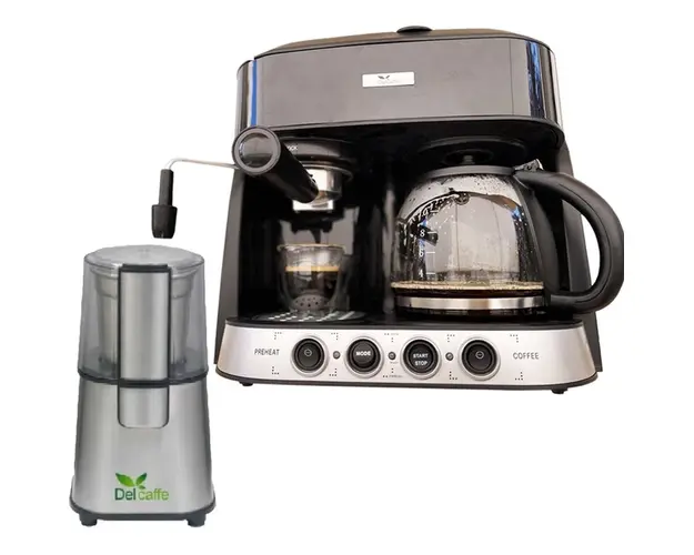 Pachet Espressor DelCaffe 3 in 1 Coffe Shot, 15 bari, 1850W, 1.25 l, Functie spumare, Inchidere automata, Negru+ Rasnita Del Caffe Grind Master, 220W, 60G