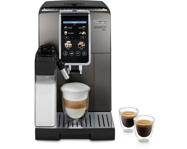 Espressor automat De’Longhi Dinamica Plus ECAM 380.95.TB, 2 carafe pentru lapte, tehnologie LatteCrema, 1.8 l, 1450 W, 15 bar, negru/gri inchis