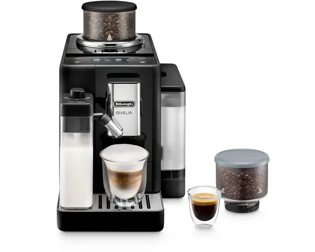 Espressor automat De’Longhi Rivelia EXAM 440.55.B, 0132215472, 2 recipiente pentru boabe, Tehnologie Bean Adapt, carafa cu tehnologie LatteCrema Hot, 1450W, 19 bar, 1.4 l, Negru
