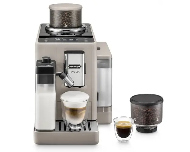 Espressor automat De’Longhi Rivelia EXAM 440.55.BG, 0132215474, 2 recipiente pentru boabe, Tehnologie Bean Adapt, carafa cu tehnologie LatteCrema Hot, 1450W, 19 bar, 1.4 l, Bej