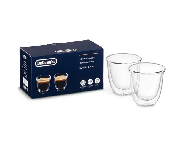 Set 2 pahare espresso De&#039;Longhi, 2x90ml, Sticla termorezistenta, Transparente, Perete dublu