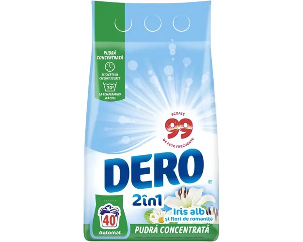 Detergent de rufe pudra Dero 2in1 Iris Alb, 3kg, 40 spalari