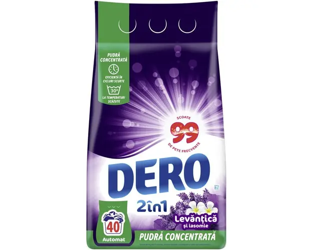 Detergent de rufe pudra Dero 2in1 Levantica si iasomie, 3kg, 40 spalari