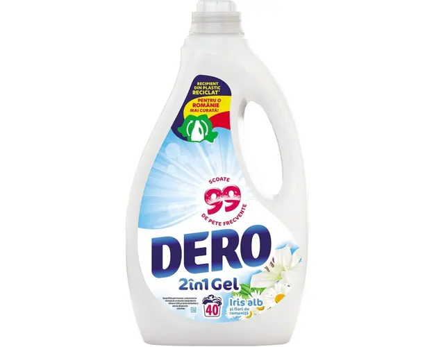 Detergent lichid Dero 2in1 Iris Alb si Flori de Romanita, 40 spalari, 2L