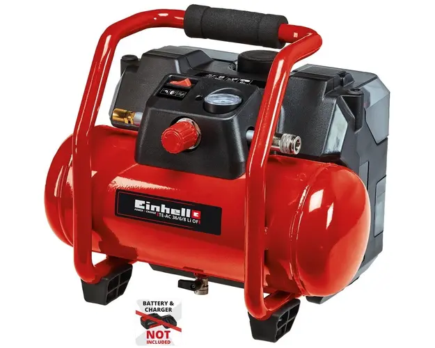 Compresor aer pe acumulator Einhell TE-AC 36/6/8 Li OF Set-Solo, 2x18 V, tehnologia PXC, 6 l capacitate rezervor, 8 bar presiune maxima, fara acumulator/incarcator