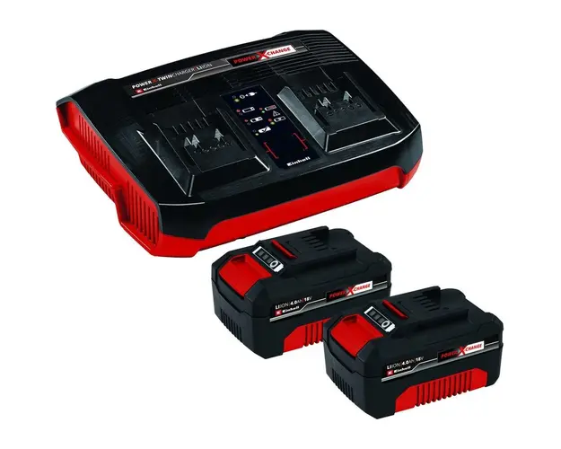 Kit 2 acumulatori si incarcator dublu Einhell Power X-Change 4512112, 2x4.0 Ah, 18 V, 75 min timp incarcare, 900 W putere maxima