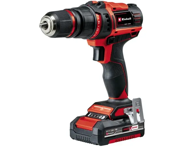 Masina de gaurit/insurubat (bormasina) pe acumulator Einhell Power X-Change TE-CD 18/45 3X-Li +22, 18 V, 1600 RPM, 45 Nm, 21 trepte de cuplu, 13 mm mandrina, acumulator 2 Ah, incarcator