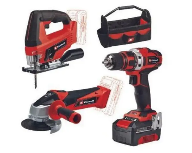 Masina de gaurit si insurubat (bormasina) Einhell Power X-Change TE-CD 18/40 Li + polizor unghiular pe acumulator TC-AG 18/115 Li + fierastrau pendular pe acumulator TC-JS 18 Li, 18 V, 1 acumulator 4 Ah, incarcator, accesorii, geanta