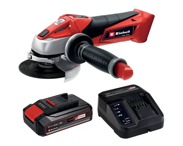 Pachet Polizor unghiular Einhell PXC TE-AG 18 Li - Solo, disc 115 mm, 8500 RPM, 28 mm adancime taiere + Starter Kit Einhell PXC acumulator 18 V, 2.5 A, incarcator
