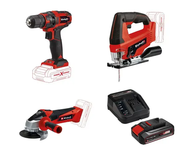 Set Einhell masina de gaurit si insurubat (bormasina) pe acumulator PXC TC-CD 18/35 + ferastrau pendular pe acumulator PXC TC-JS 18 + polizor unghiular pe acumulator PXC TC-AG 18/115 + Starter Kit PXC acumulator 18 V, 2.5 Ah, incarcator