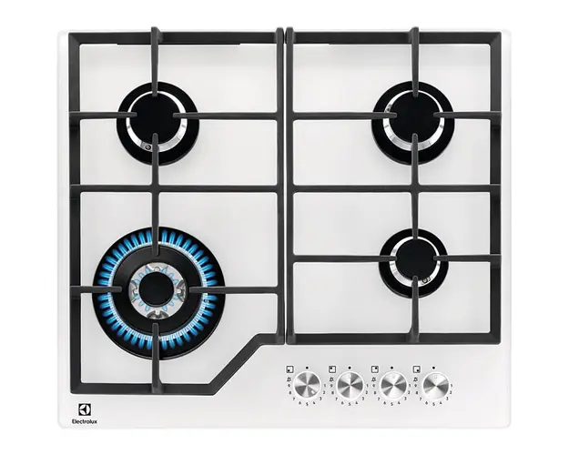 Plita incorporabila Electrolux KGG64362W, gaz, 4 arzatoare, 60 cm, Gratare fonta, Aprindere electrica, Arzator Wok, Alb