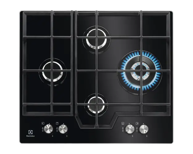 Plita incorporabila Electrolux KGG6456K, gaz, 4 zone de gatit, aprindere electrica, arzator Wok, dispozitiv de siguranta, gratare fonta, 60 cm, sticla neagra