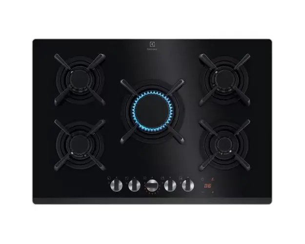 Plita incorporabila Electrolux KGG753753K, Gaz, 5 arzatoare, Aprindere electrica, Gratare fonta, Timer electronic, Conectivitate hota, 75 cm, Negru