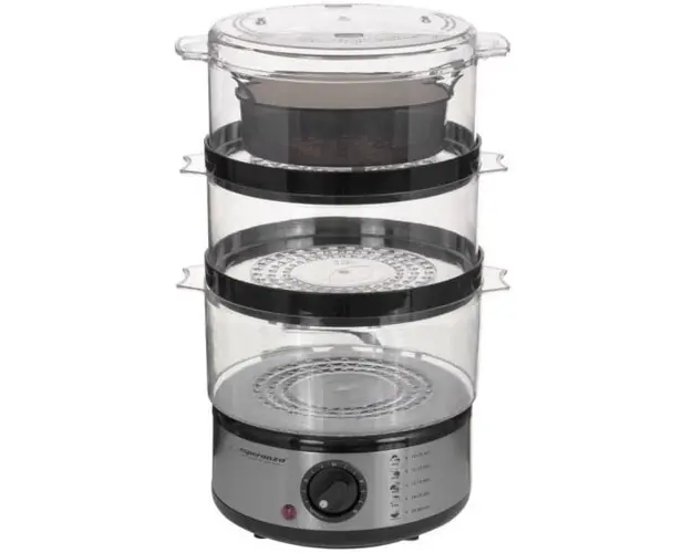 Aparat de gatit cu aburi EKG009 Volcano, Timer, 400W, 7.5 L, 3 nivele, Inox/Negru