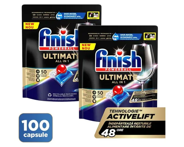 Detergent capsule pentru masina de spalat vase Finish Ultimate All in 1, 2x50 buc, 100 spalari