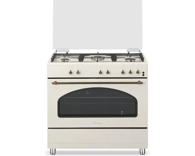 Aragaz mixt Fram FFSC-S90MLITGCF-RBG, 90x60cm, 5 arzatoare, Wok, Suport fonta, Capac sticla, Aprindere electrica plita, Cuptor electric, 9 functii, Timer, Grill, Ventilatie, Lumina cuptor, Clasa A, Rustic Crem