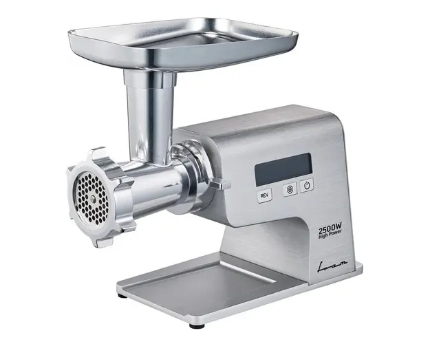 Masina de tocat Fram FMG-MDT2500X, 2500W, motor DC, angrenaje metalice, cutit din inox, 2 site din inox, accesorii pentru carnati si kibbe, accesoriu pentru rosii, display LCD, carcasa din aluminiu turnat, Argintiu