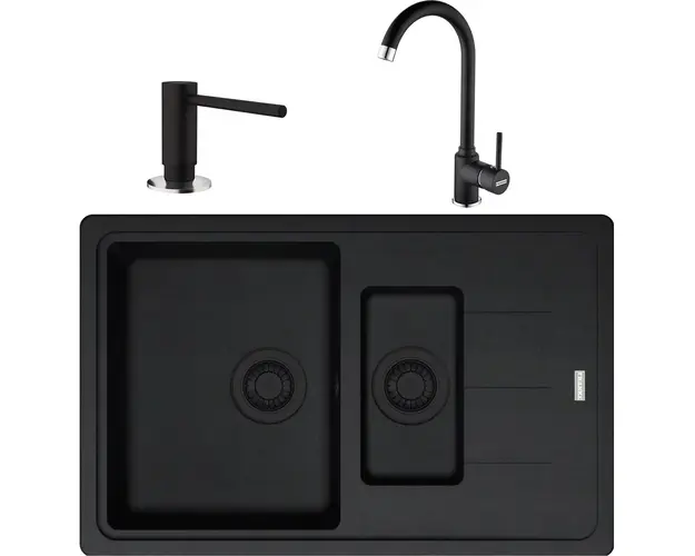 Pachet chiuveta bucatarie fragranite Franke BFG 651-78, 780x500 mm + Baterie Pola 1.0 + Dozator Sapun, Negru