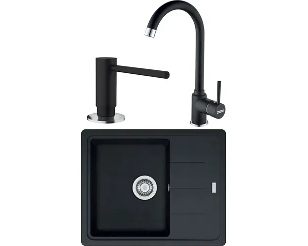 Pachet chiuveta bucatarie Franke BFG 611-62, adancime cuva 200mm, 620x500mm + Baterie Pola 1.0 + Dozator sapun, Negru