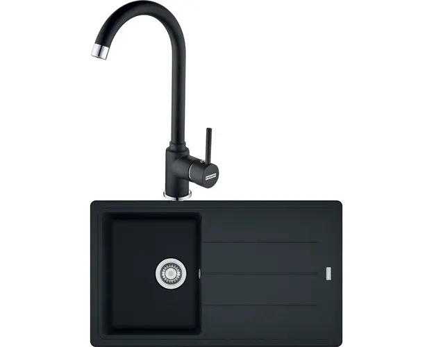 Pachet chiuveta bucatarie Franke BFG 611-86, cu ventil, adancime cuva 200mm, 860x500mm + Baterie Pola 1.0, Negru