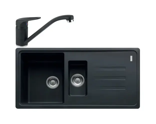 Pachet chiuveta bucatarie Franke BSG 651, adancime cuva mare 200mm, adancime cuva mica 100mm, 970x500mm + Baterie Novara Plus, Negru