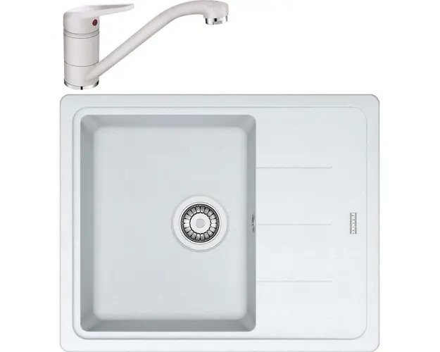 Pachet chiuveta de bucatarie Franke BFG 611-62, reversibila, fragranite, alb + baterie Novara Plus, alb, 114.0531.759