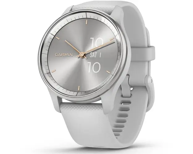 Ceas smartwatch Garmin vivomove Trend, Silicone Band, Silver Stainless Steel Bezel cu carcasa Mist Grey