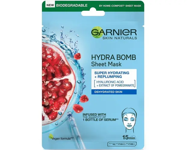 Masca servetel Garnier Moisture + Aqua Bomb cu rodie, 32 g