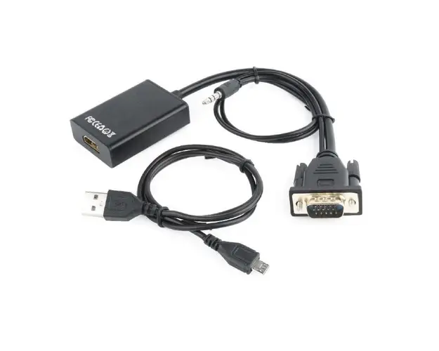 Adaptor VGA (T) + Jack 3.5mm (T) la HDMI (M), 15cm, rezolutie maxima Full HD (1920 x 1080) la 60Hz,, cablu power USB, negru