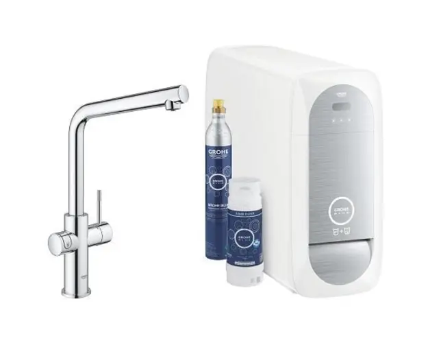 Baterie de bucatarie cu sistem de filtrare, racire si acidulare apa, cu pipa L, crom, Grohe Blue Home New