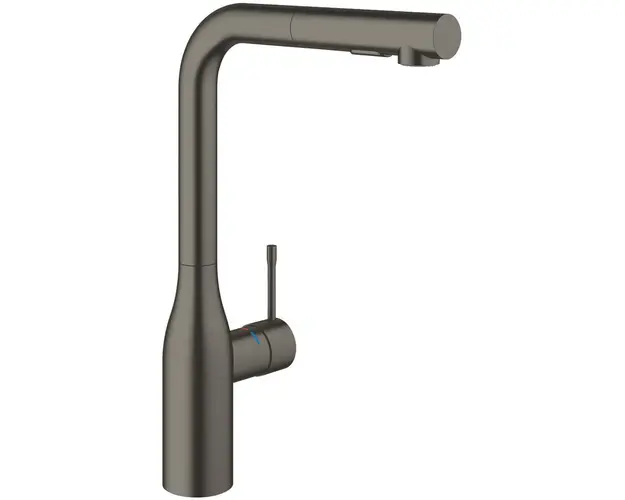 Baterie bucatarie Grohe, Essence, monocomanda, pipa inalta, tip L, dus extractabil, 2 functii, pivotanta, limitator, mat, brushed hard graphite